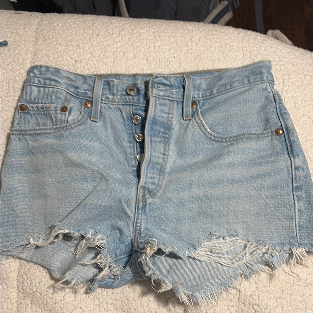 Levi's Blue Jean Shorts with Frayed Hem and Distressed Details